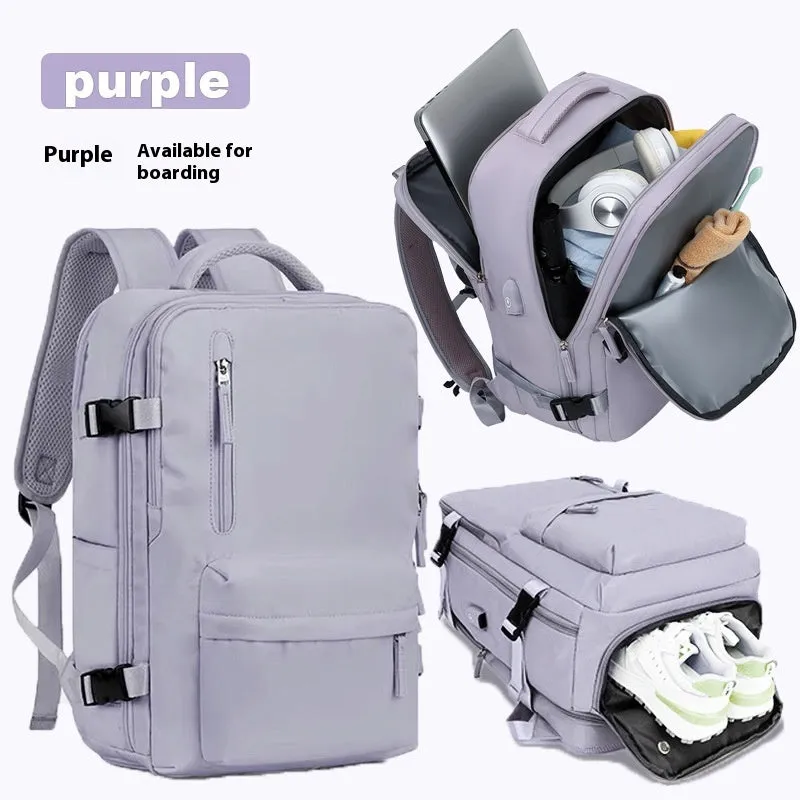Large waterproof oxford cloth travel backpack with curved shoulder straps in light grey colour