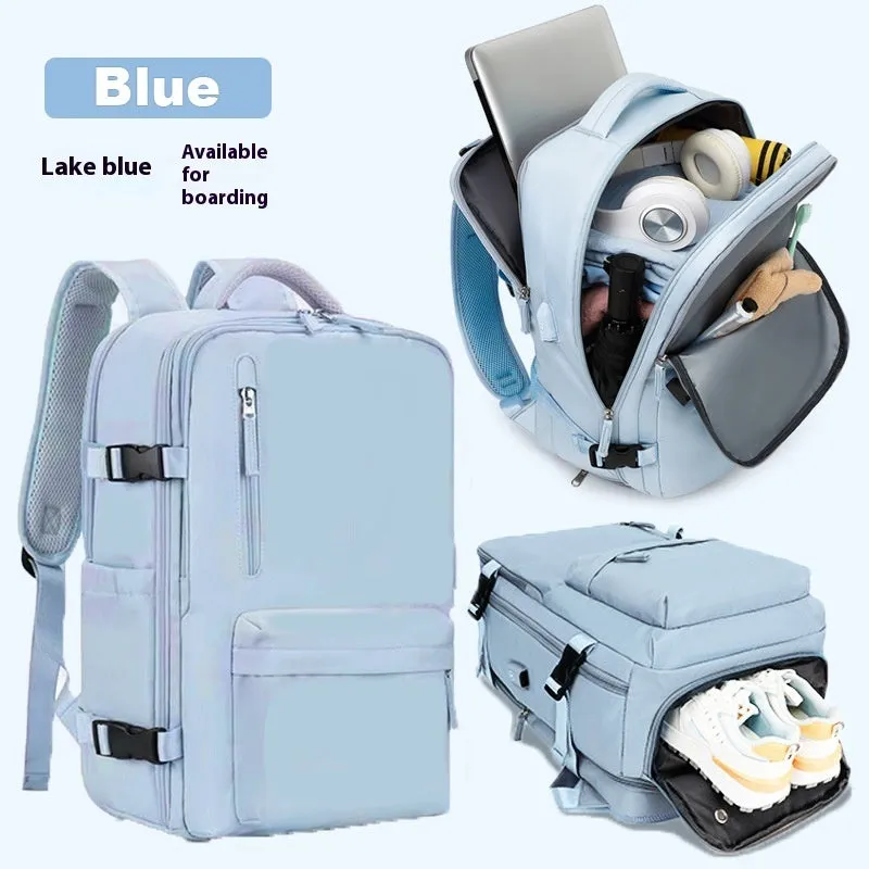 Large waterproof oxford cloth travel backpack with curved shoulder straps in light grey colour