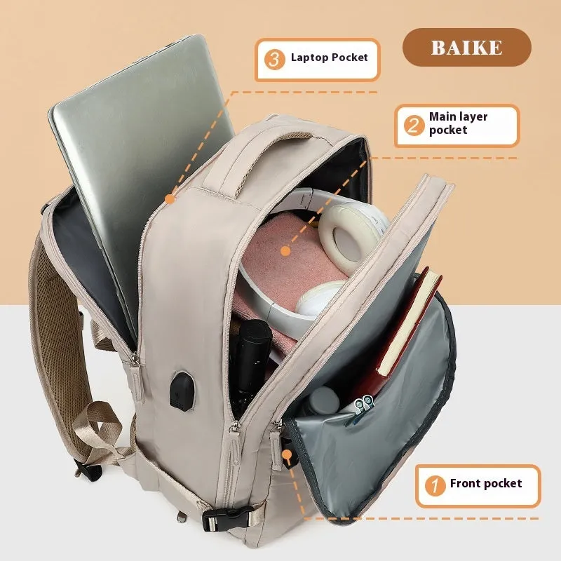 Large waterproof oxford cloth travel backpack with curved shoulder straps in light grey colour