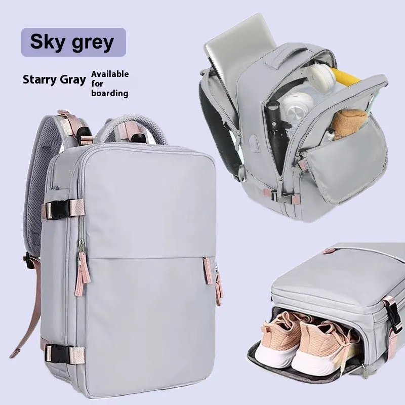 Large waterproof oxford cloth travel backpack with curved shoulder straps in light grey colour