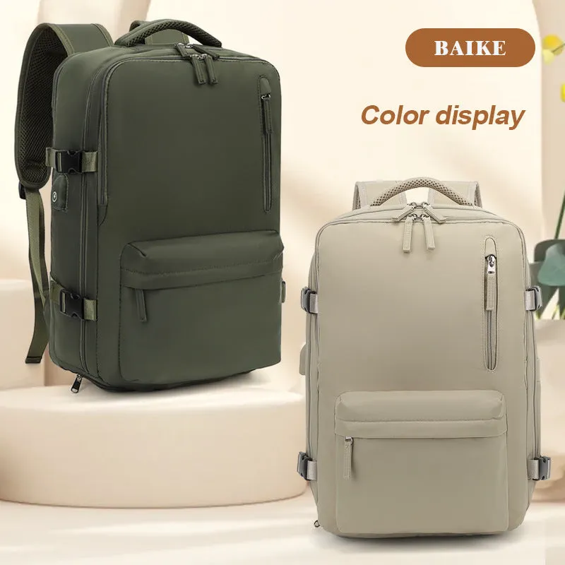 Large waterproof oxford cloth travel backpack with curved shoulder straps in light grey colour