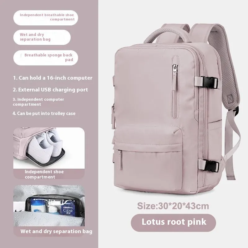 Large waterproof oxford cloth travel backpack with curved shoulder straps in light grey colour