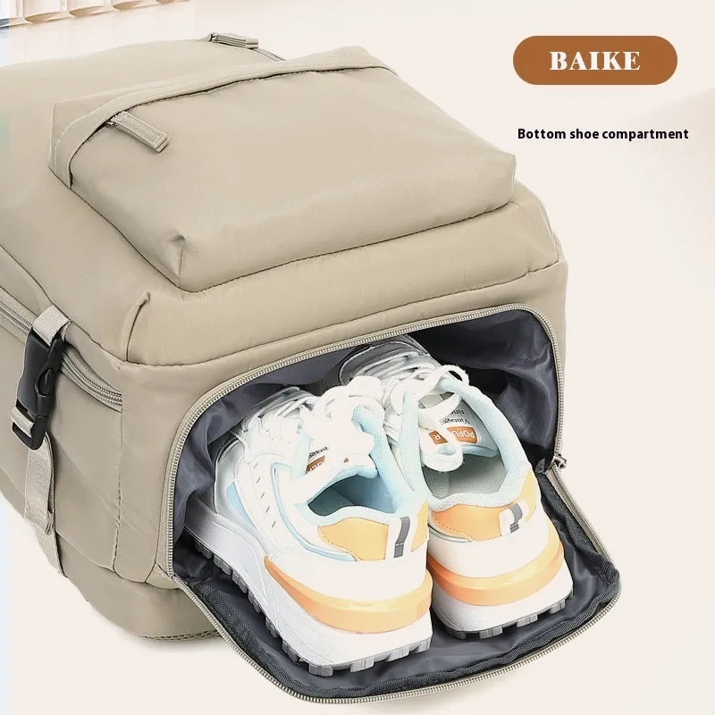 Large waterproof oxford cloth travel backpack with curved shoulder straps in light grey colour
