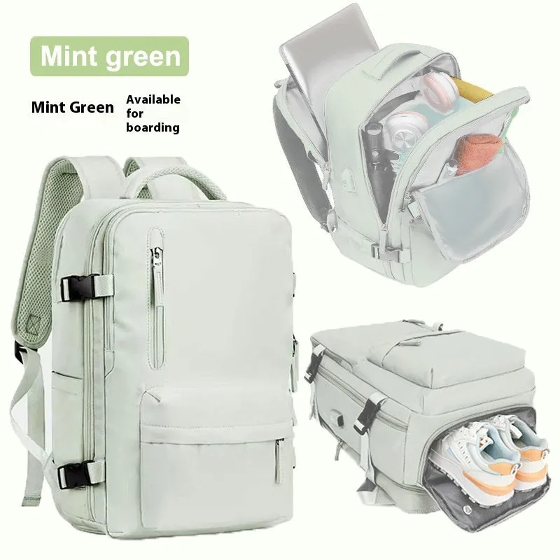 Large waterproof oxford cloth travel backpack with curved shoulder straps in light grey colour