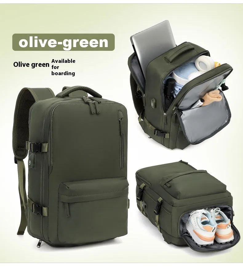Large waterproof oxford cloth travel backpack with curved shoulder straps in light grey colour