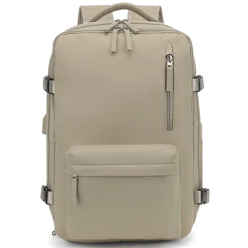 Large waterproof oxford cloth travel backpack with curved shoulder straps in light grey colour