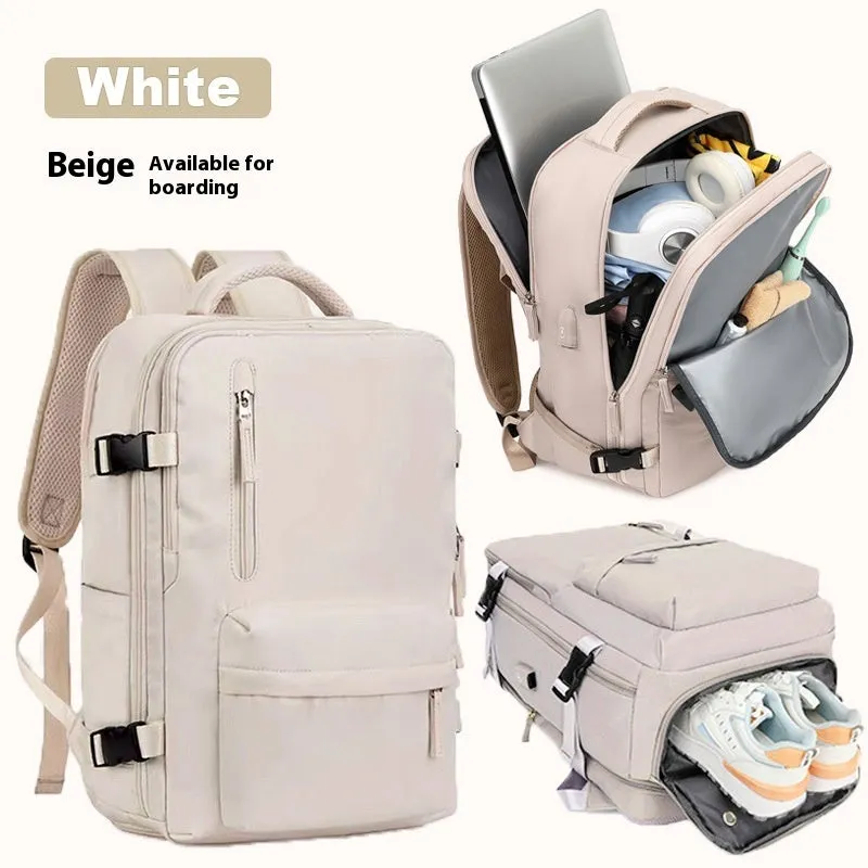 Large waterproof oxford cloth travel backpack with curved shoulder straps in light grey colour