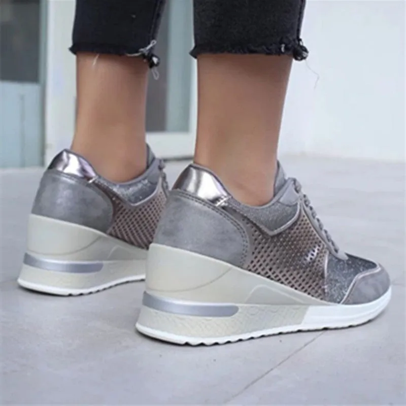 Women's lace-up sneakers with wedge heel and waterproof platform in black, gold, leopard print, and silver