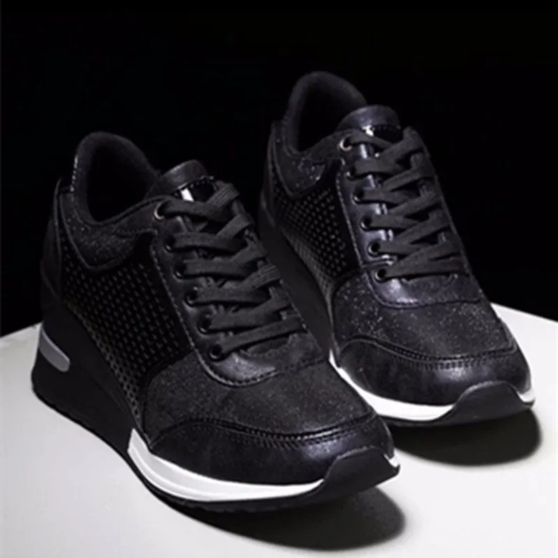 Women's lace-up sneakers with wedge heel and waterproof platform in black, gold, leopard print, and silver