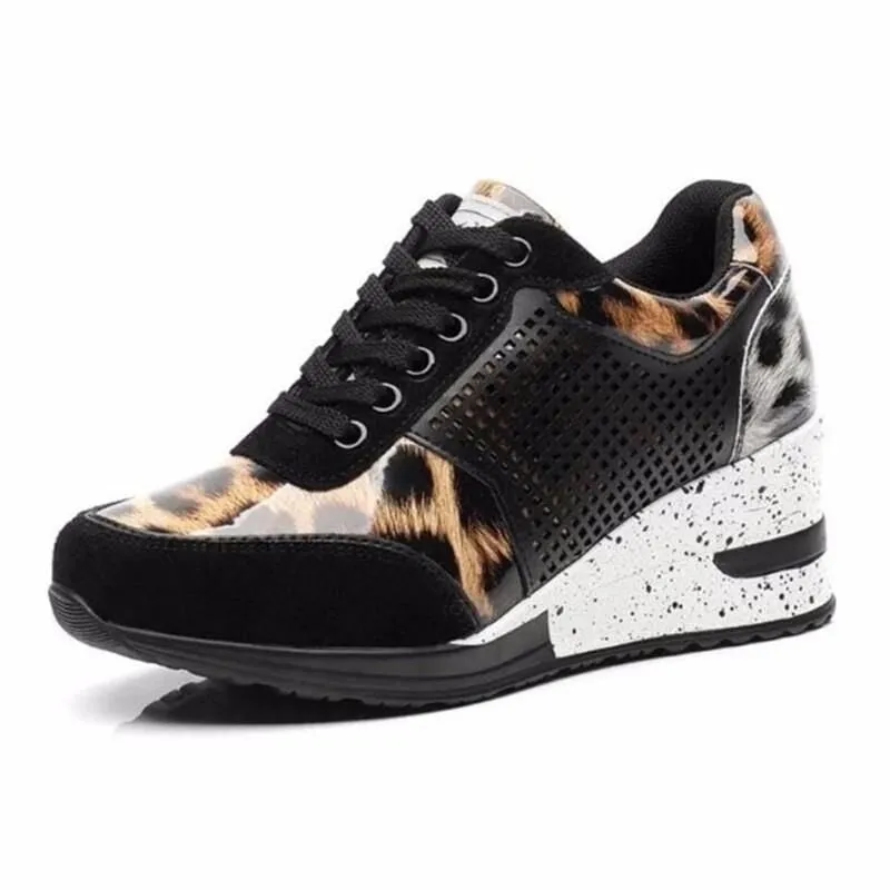 Women's lace-up sneakers with wedge heel and waterproof platform in black, gold, leopard print, and silver
