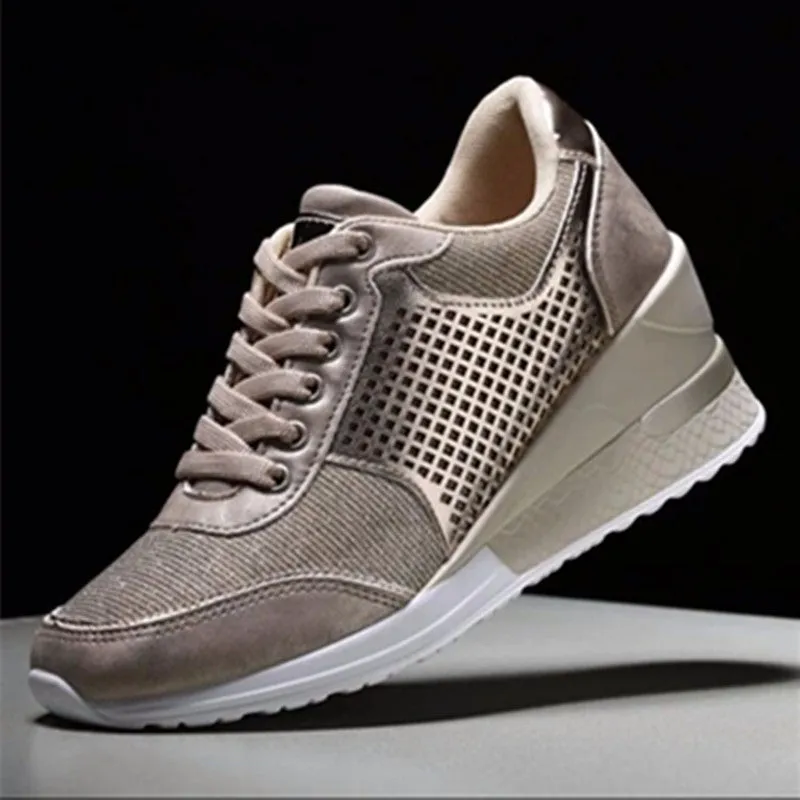 Women's lace-up sneakers with wedge heel and waterproof platform in black, gold, leopard print, and silver