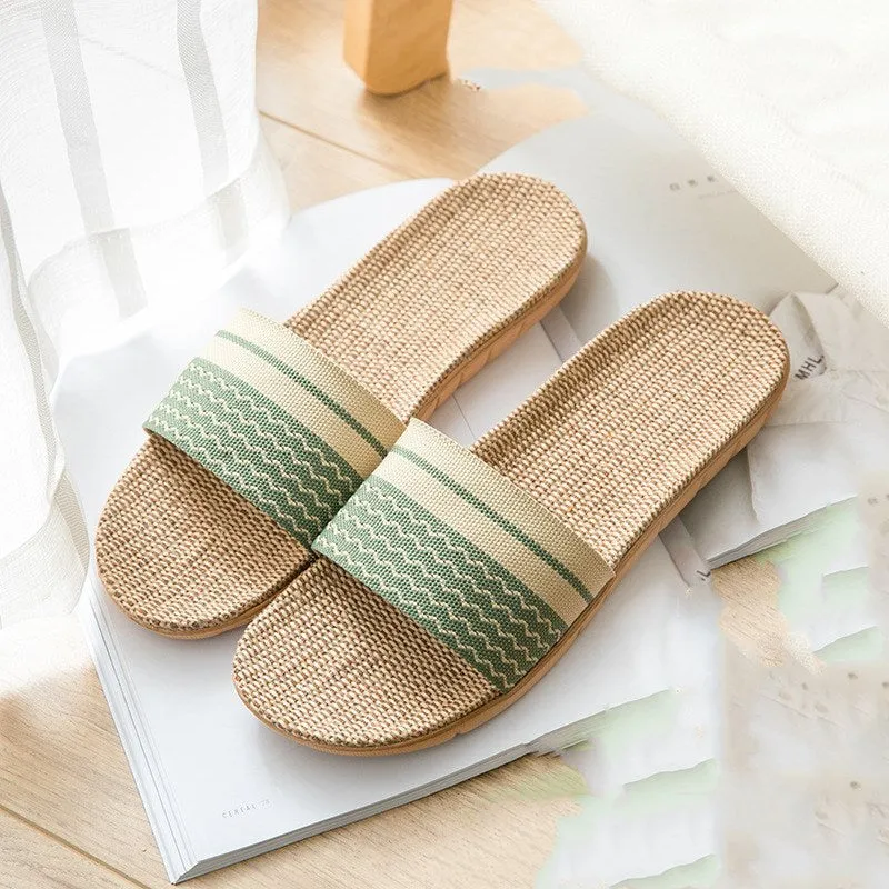 Linen open-toe home slippers with EVA sole in woven blue colour on a light background