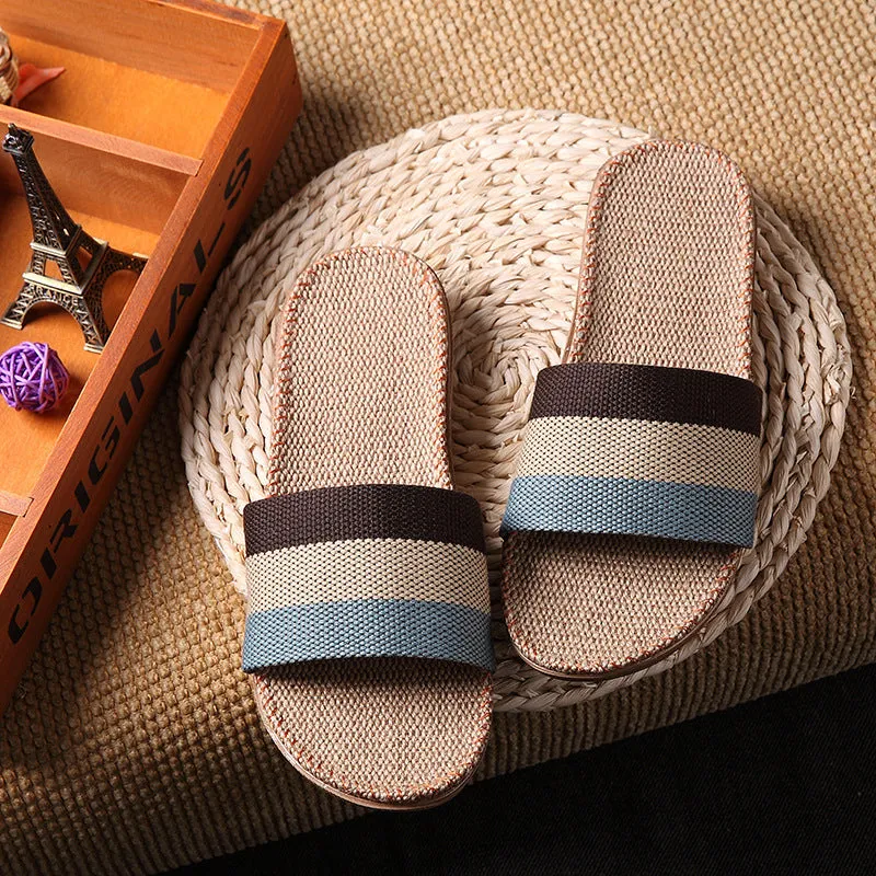 Linen open-toe home slippers with EVA sole in woven blue colour on a light background
