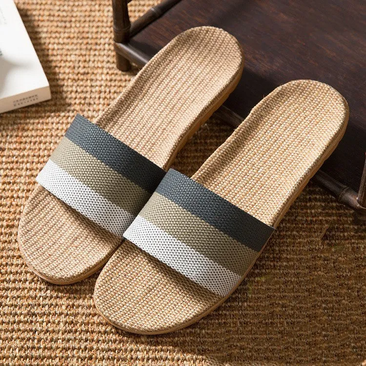 Linen open-toe home slippers with EVA sole in woven blue colour on a light background