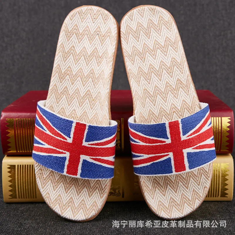Linen open-toe home slippers with EVA sole in woven blue colour on a light background
