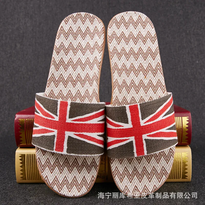Linen open-toe home slippers with EVA sole in woven blue colour on a light background
