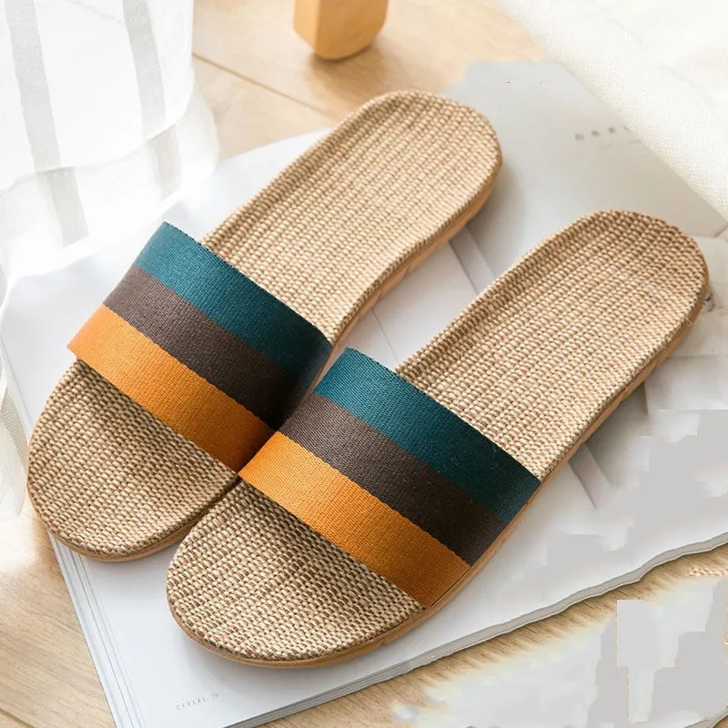 Linen open-toe home slippers with EVA sole in woven blue colour on a light background