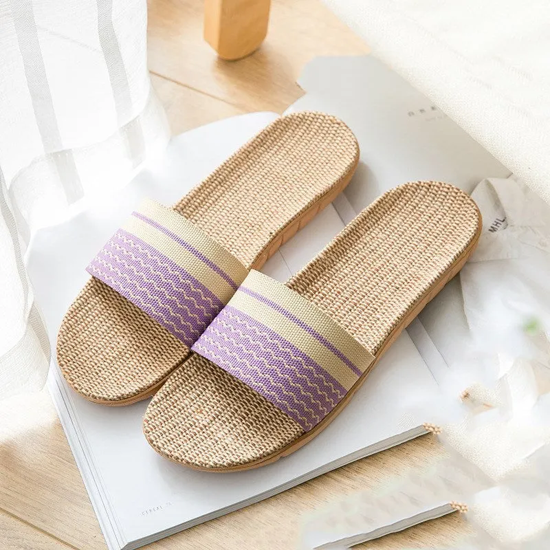 Linen open-toe home slippers with EVA sole in woven blue colour on a light background