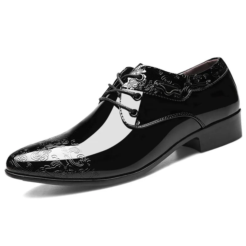 Men's glossy black patent leather formal shoes with pointed toe and carved detail, low top style