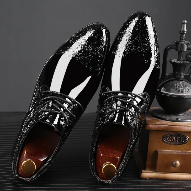 Men's glossy black patent leather formal shoes with pointed toe and carved detail, low top style