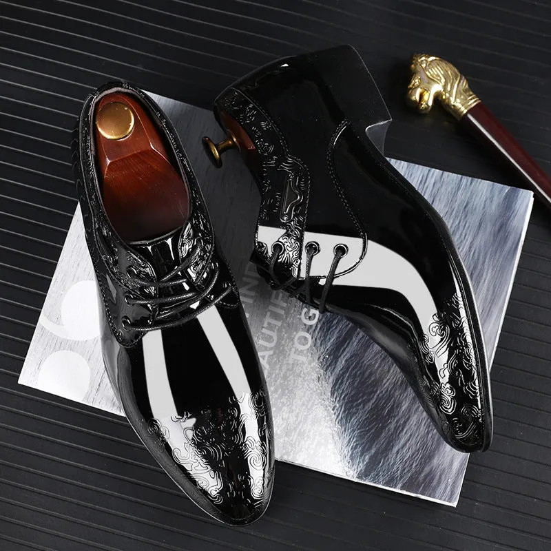 Men's glossy black patent leather formal shoes with pointed toe and carved detail, low top style