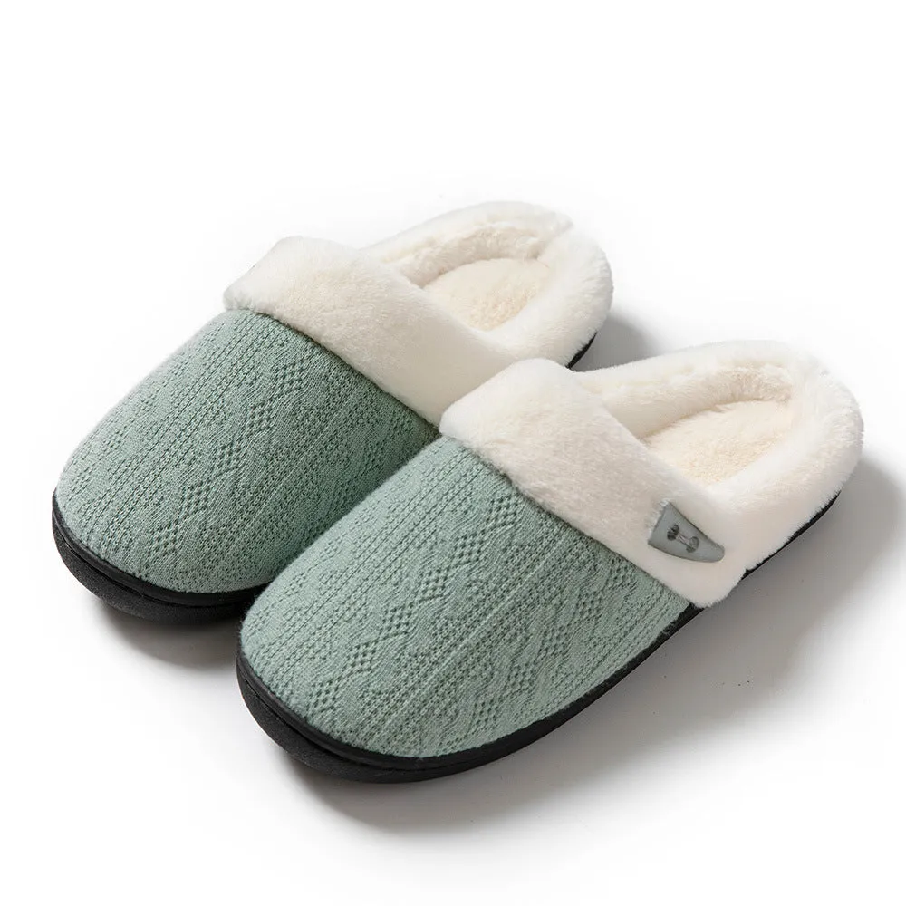 Winter cotton slippers with non-slip rubber sole, round toe, flat heel, in navy blue colour
