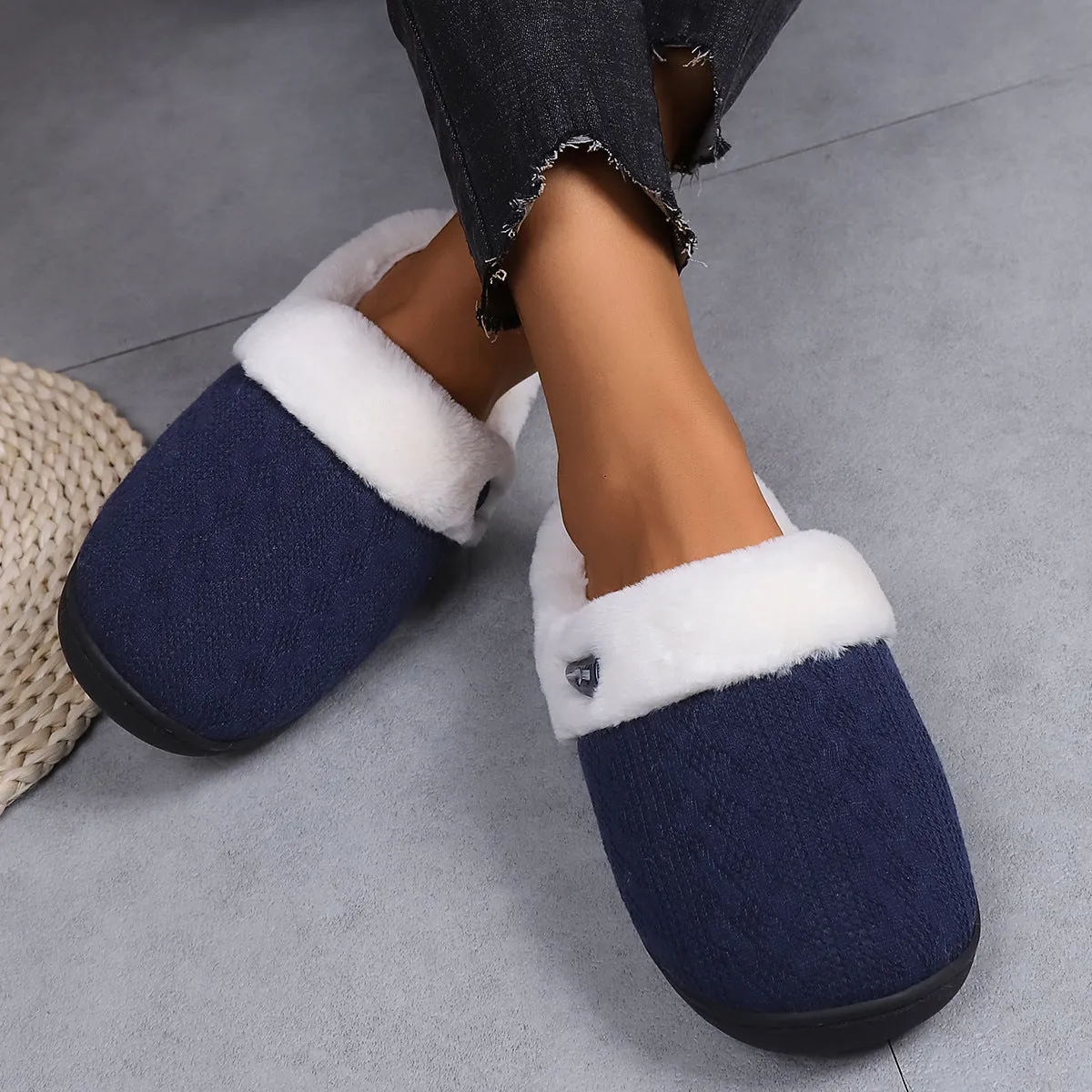 Winter cotton slippers with non-slip rubber sole, round toe, flat heel, in navy blue colour