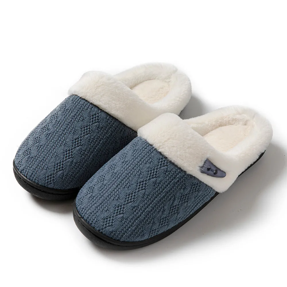 Winter cotton slippers with non-slip rubber sole, round toe, flat heel, in navy blue colour