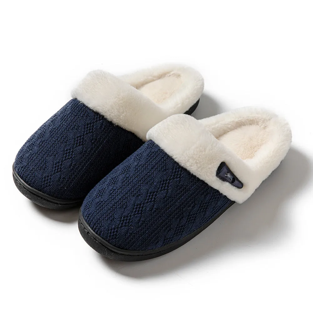 Winter cotton slippers with non-slip rubber sole, round toe, flat heel, in navy blue colour