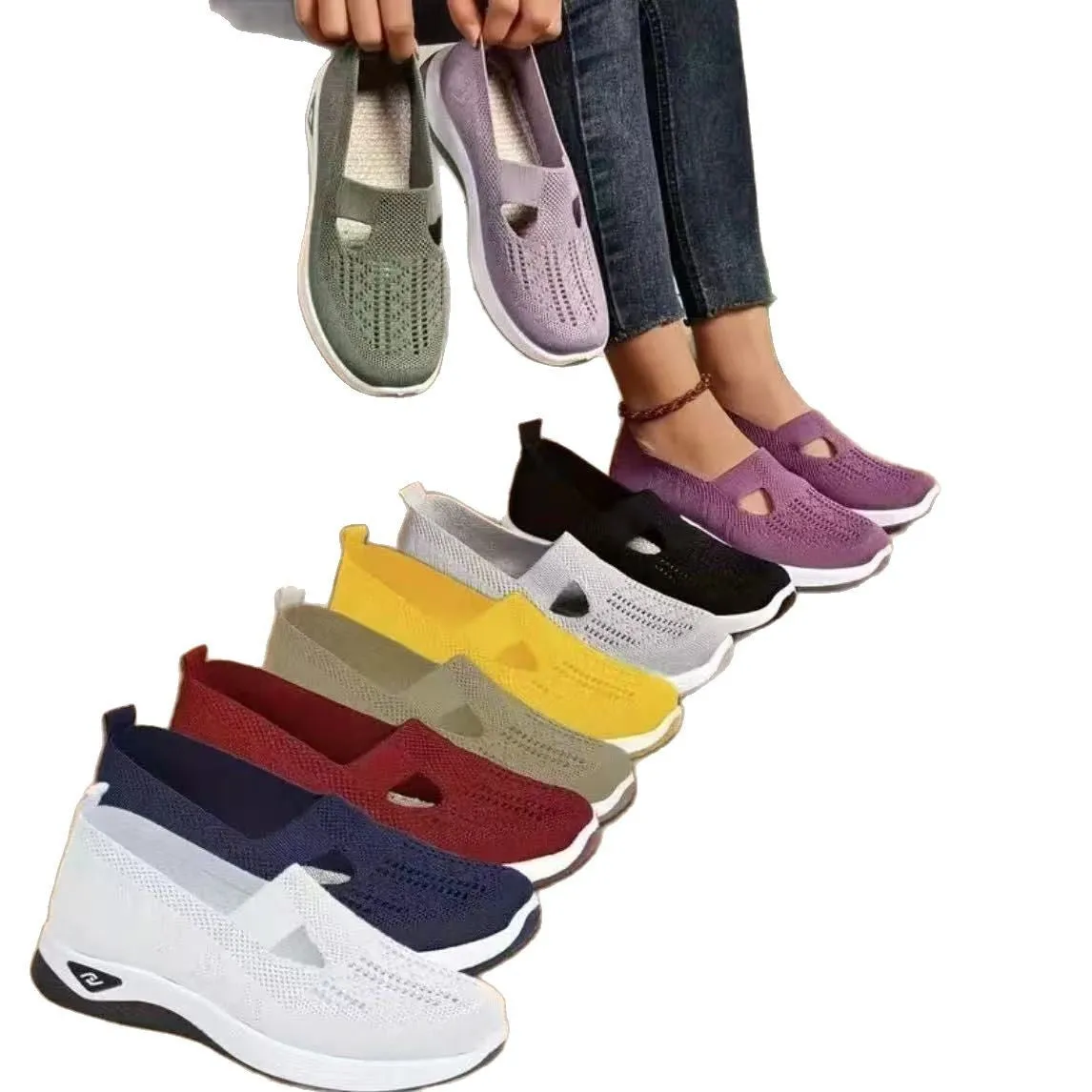 Women's soft sole casual mesh shoes in multiple colours with T-strap and flat heel design
