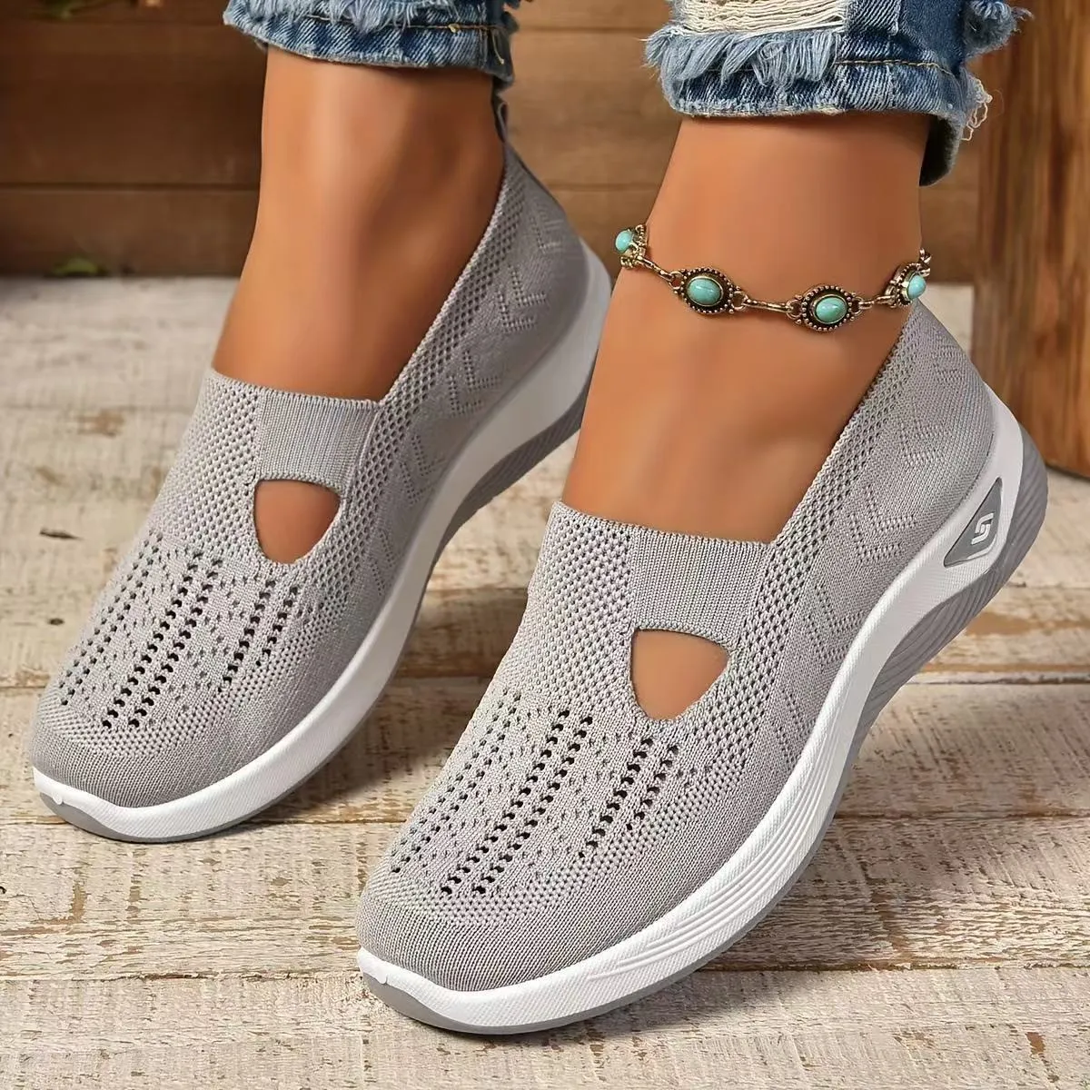 Women's soft sole casual mesh shoes in multiple colours with T-strap and flat heel design
