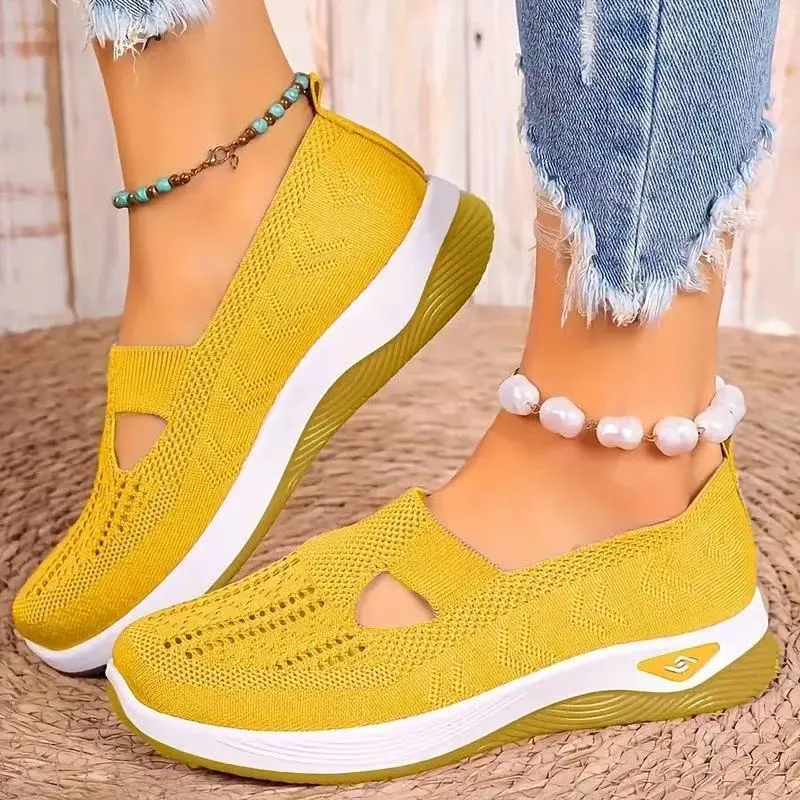 Women's soft sole casual mesh shoes in multiple colours with T-strap and flat heel design