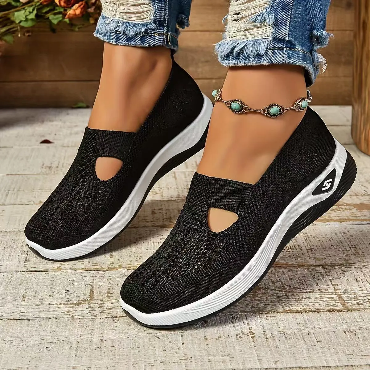 Women's soft sole casual mesh shoes in multiple colours with T-strap and flat heel design