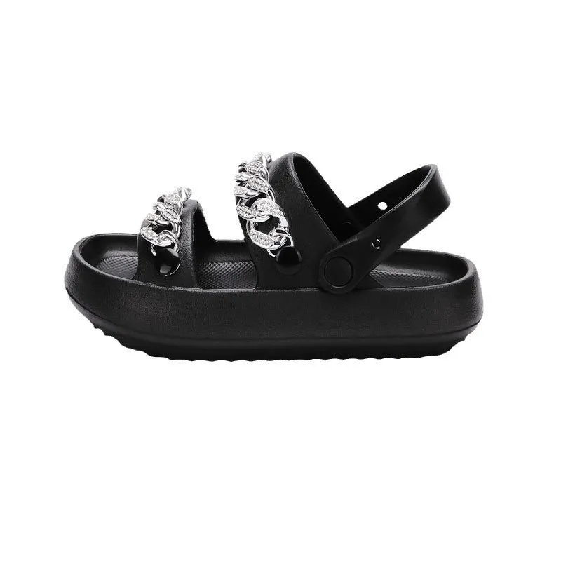 Chains thick-soled EVA slippers for women in beige with buckle closure and round toe
