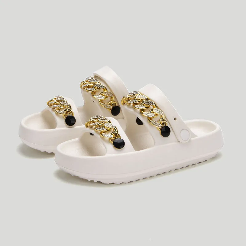 Chains thick-soled EVA slippers for women in beige with buckle closure and round toe