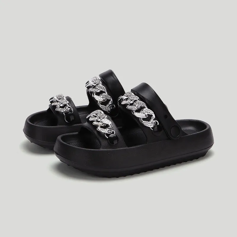 Chains thick-soled EVA slippers for women in beige with buckle closure and round toe