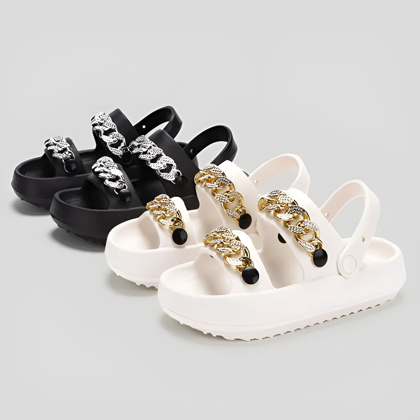 Chains thick-soled EVA slippers for women in beige with buckle closure and round toe