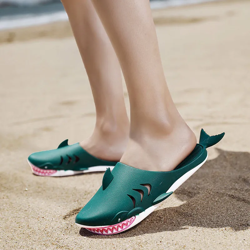 Shark PVC flat slippers for women and men in blue, size 40/41, side view