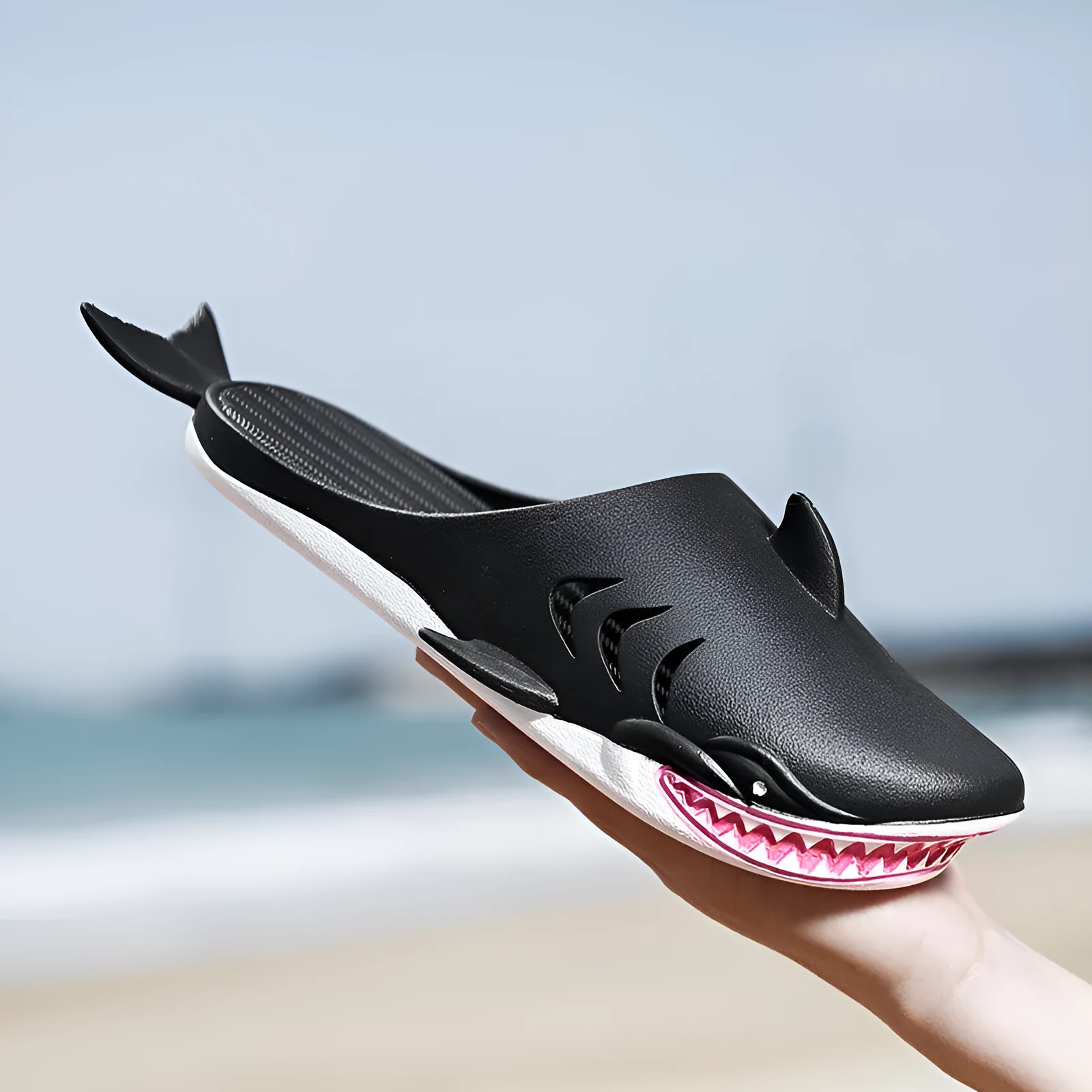 Shark PVC flat slippers for women and men in blue, size 40/41, side view