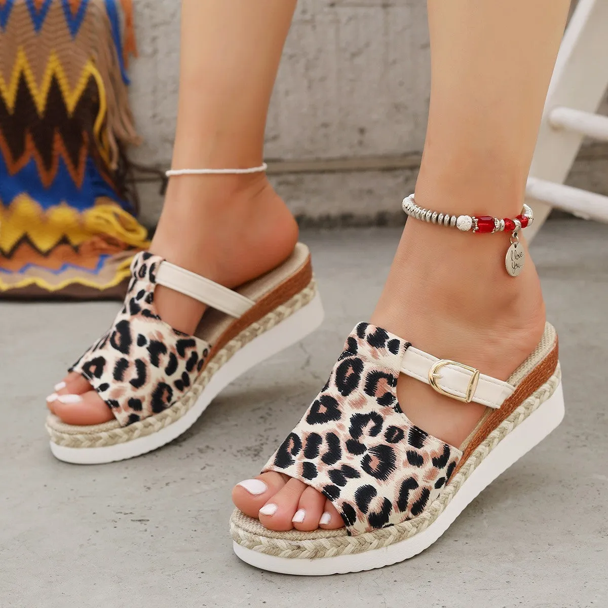 Leopard print wedge platform sandals with fish mouth open toe in beige colour