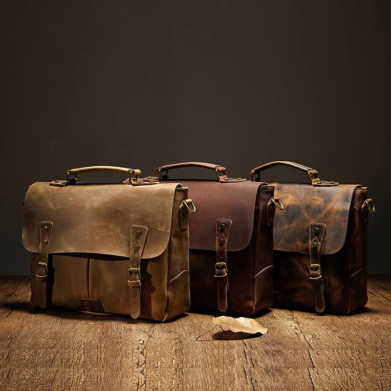 Leather portable mens briefcase satchel in light brown with soft handle and horizontal shape