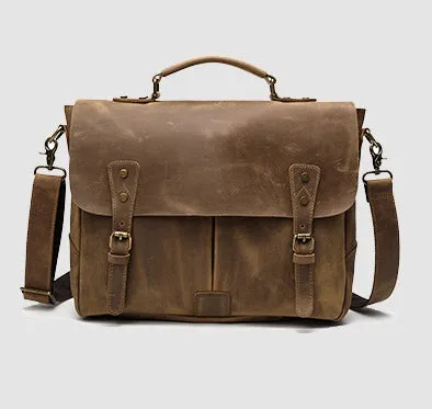 Leather portable mens briefcase satchel in light brown with soft handle and horizontal shape