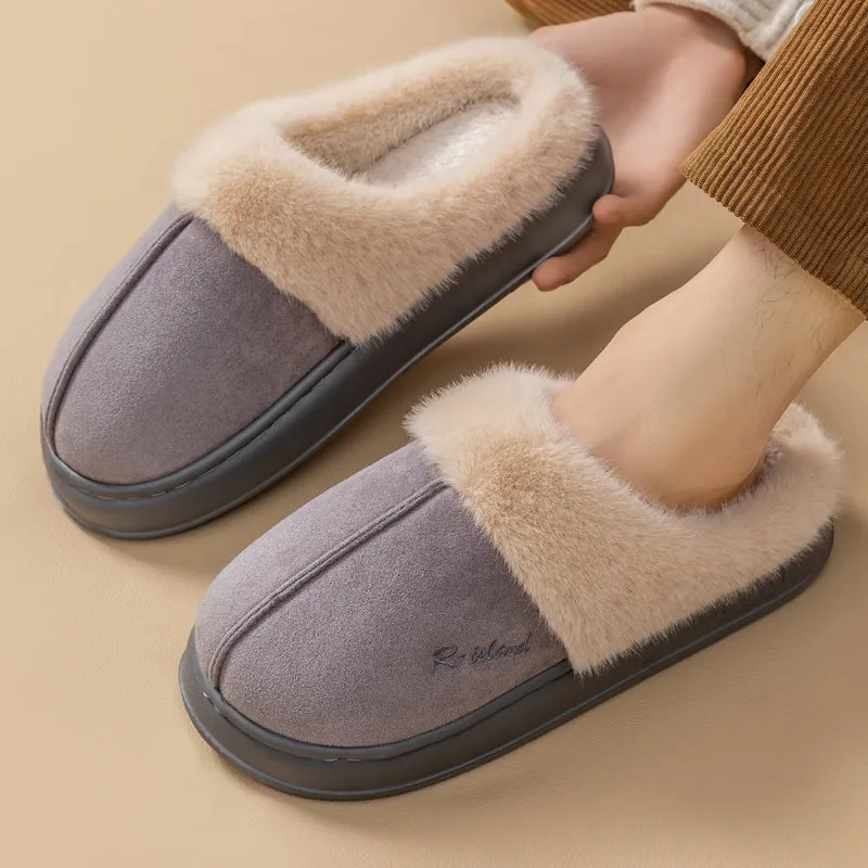 Fluffy couple slippers in pink and khaki with non-slip PVC sole and cloth upper for indoor home use