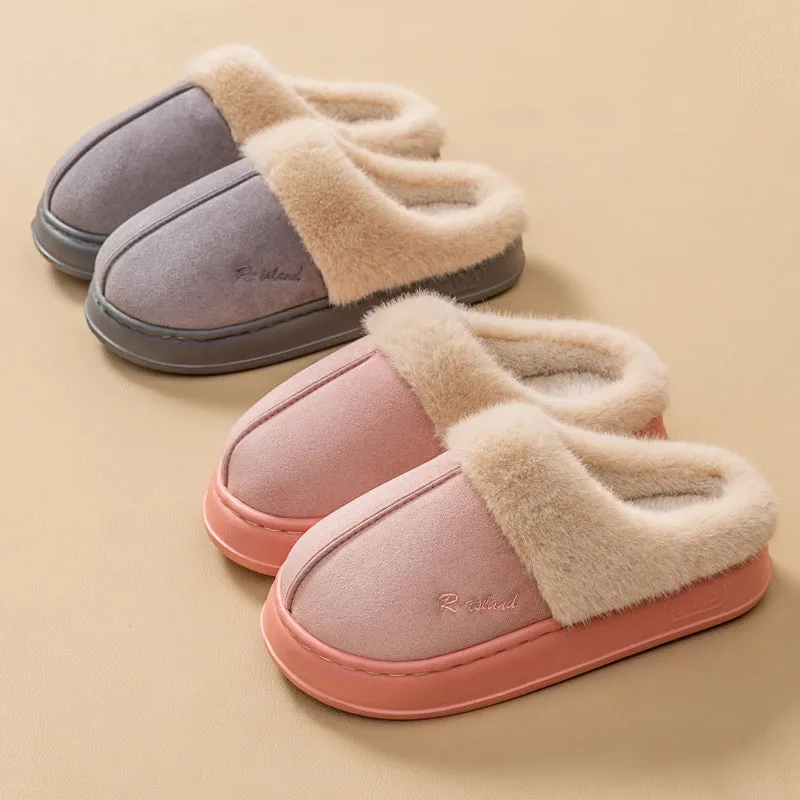 Fluffy couple slippers in pink and khaki with non-slip PVC sole and cloth upper for indoor home use