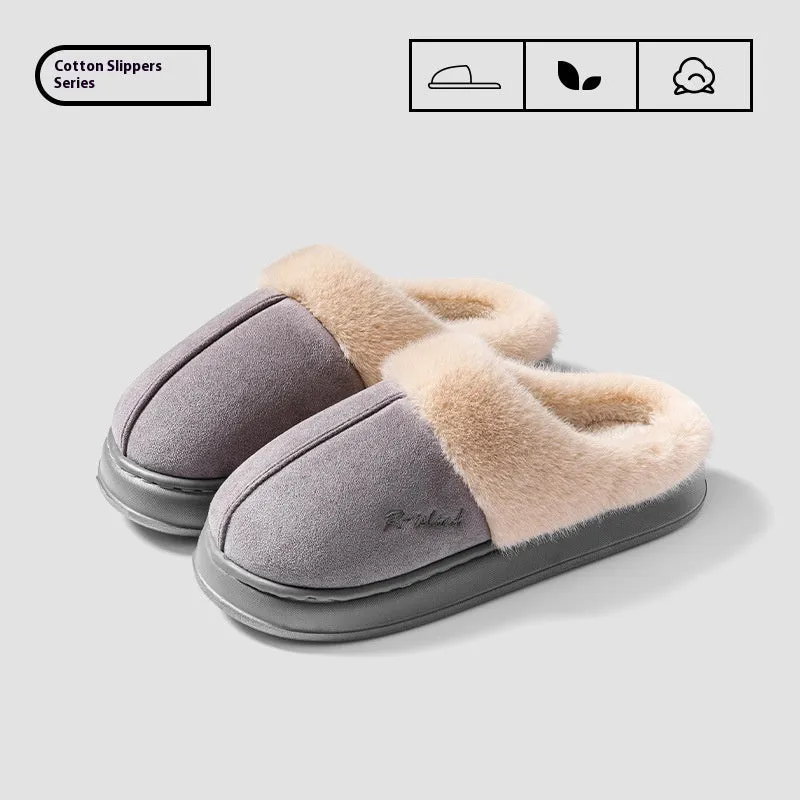 Fluffy couple slippers in pink and khaki with non-slip PVC sole and cloth upper for indoor home use