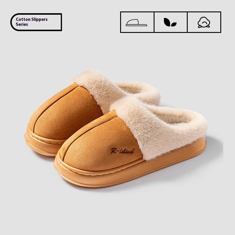 Fluffy couple slippers in pink and khaki with non-slip PVC sole and cloth upper for indoor home use