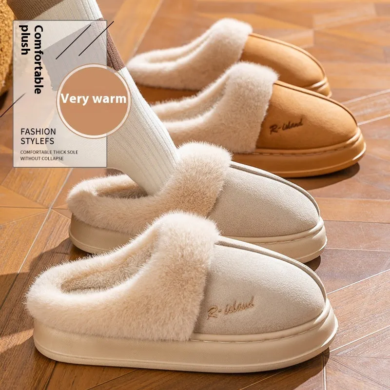 Fluffy couple slippers in pink and khaki with non-slip PVC sole and cloth upper for indoor home use