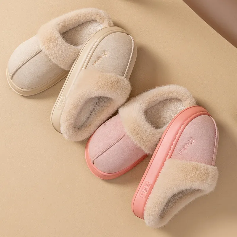 Fluffy couple slippers in pink and khaki with non-slip PVC sole and cloth upper for indoor home use