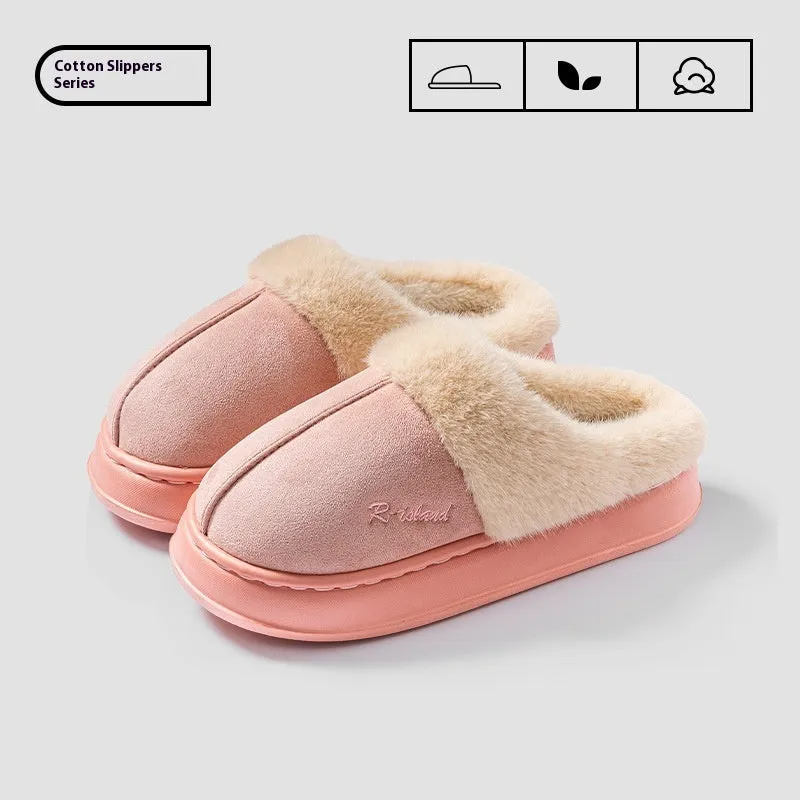 Fluffy couple slippers in pink and khaki with non-slip PVC sole and cloth upper for indoor home use