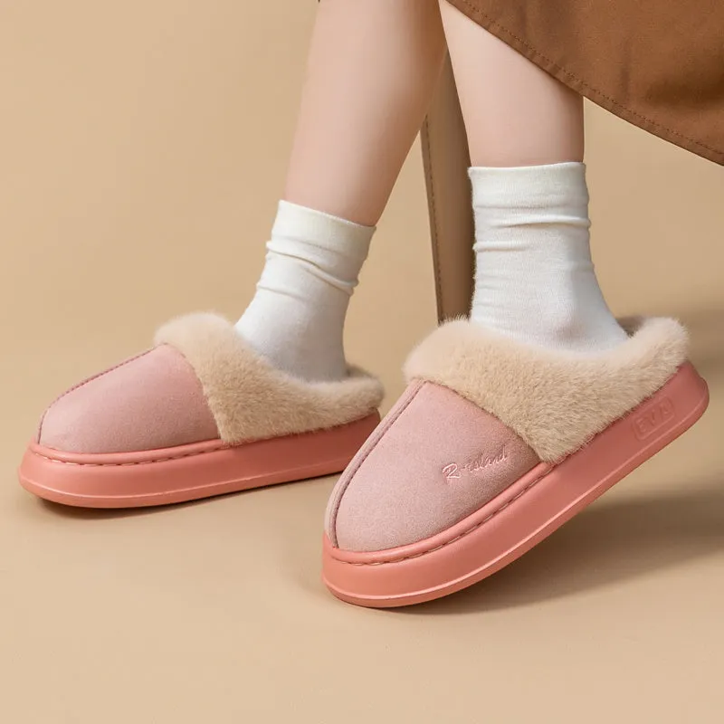 Fluffy couple slippers in pink and khaki with non-slip PVC sole and cloth upper for indoor home use
